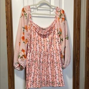 Haptics Peachy Pink Ruched Floral Blouse with Relaxed Sheer Sleeves NWOT